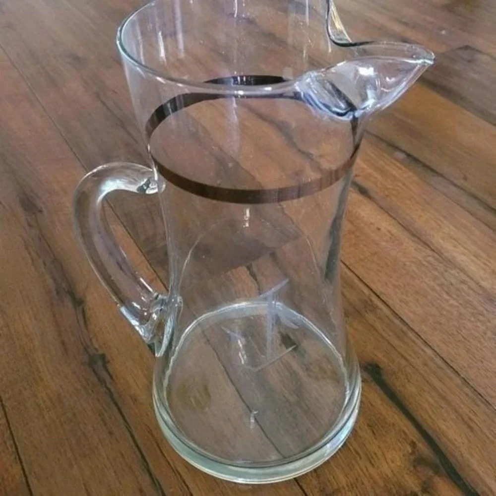 Vintage Dorothy Thorpe MCM Silver Rim Pitcher 6 Glasses‎ Set with Metal Caddy